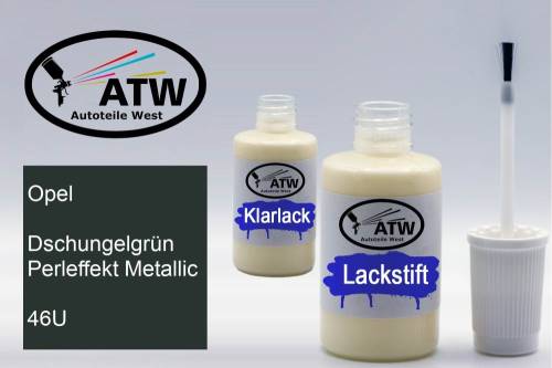 Opel, Dschungelgrün Perleffekt Metallic, 46U: 20ml Lackstift + 20ml Klarlack - Set, von ATW Autoteile West.